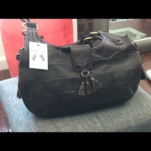 Embossed brown leather handbag, NWT